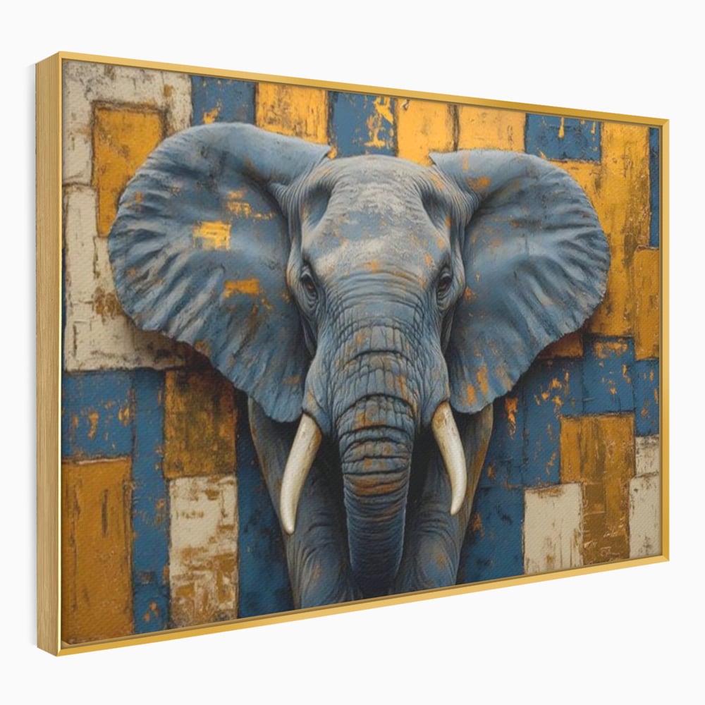 Tablou canvas cu tablou canvas cu cap de elefant, in rama de aluminiu auriu